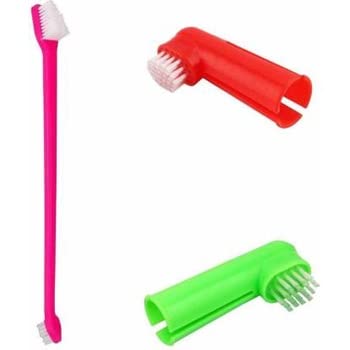 A set of pet toothbrushes in pink, red, and green colors, designed for dogs and cats with soft bristles.